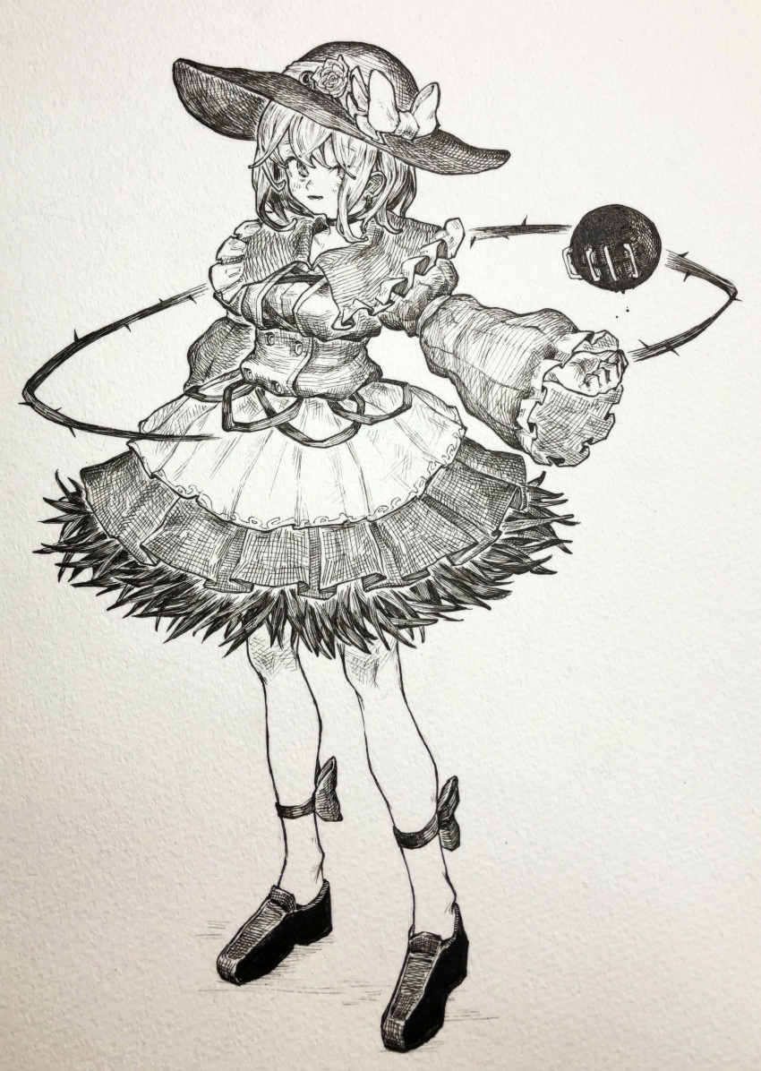 absurdres adapted_costume bangs blush bow choker commentary_request eyebrows_visible_through_hair flower greyscale hat hat_bow hat_flower highres komeiji_koishi loafers long_sleeves mashimashi monochrome no_socks open_mouth shoes short_hair skirt solo standing third_eye touhou traditional_media