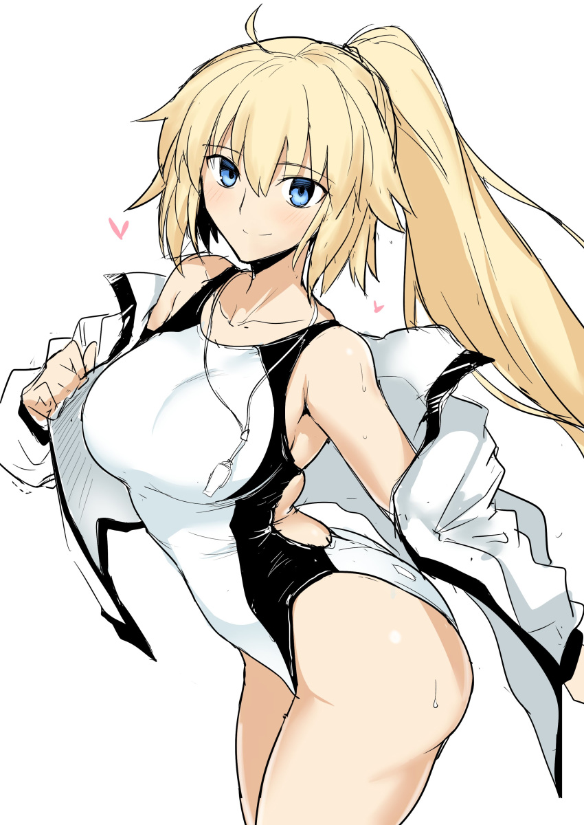 absurdres ahoge bare_shoulders blonde_hair blue_eyes breasts collarbone competition_swimsuit cowboy_shot eyebrows_visible_through_hair fate/grand_order fate_(series) harukon_(halcon) heart high_ponytail highres jacket jacket_over_swimsuit jeanne_d'arc_(fate)_(all) jeanne_d'arc_(swimsuit_archer) large_breasts long_hair looking_at_viewer off_shoulder one-piece_swimsuit open_clothes open_jacket ponytail simple_background sketch smile solo sweat swimsuit very_long_hair whistle whistle_around_neck white_background white_swimsuit