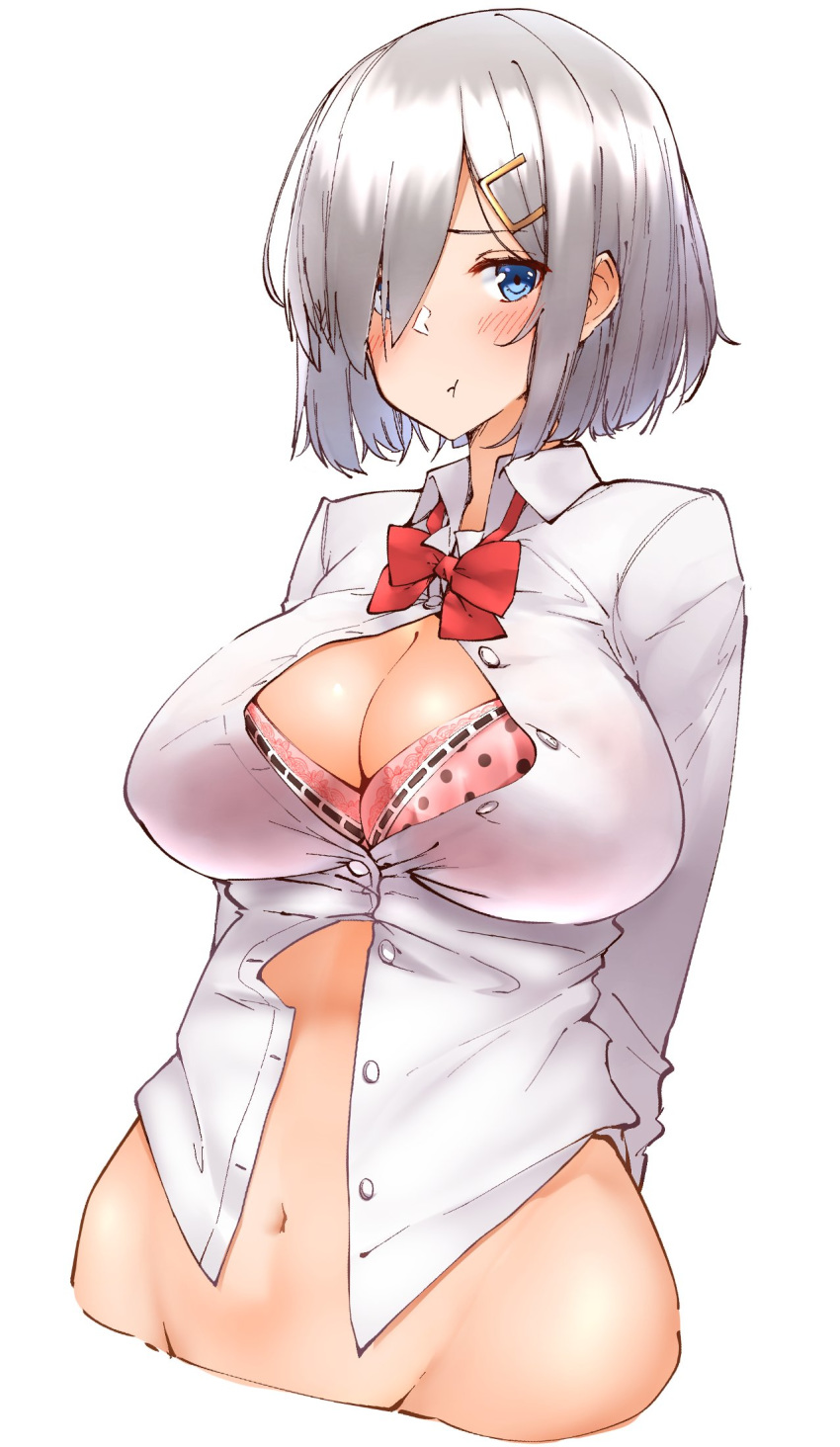 :t alternate_costume arms_behind_back blue_eyes blush bow bowtie bra breasts bursting_breasts cleavage dress_shirt hair_ornament hair_over_one_eye hairclip hamakaze_(kantai_collection) hechi_(hechi322) highres kantai_collection large_breasts looking_at_viewer navel partially_unbuttoned pink_bra polka_dot polka_dot_bra pout shirt short_hair silver_hair simple_background solo underwear white_background