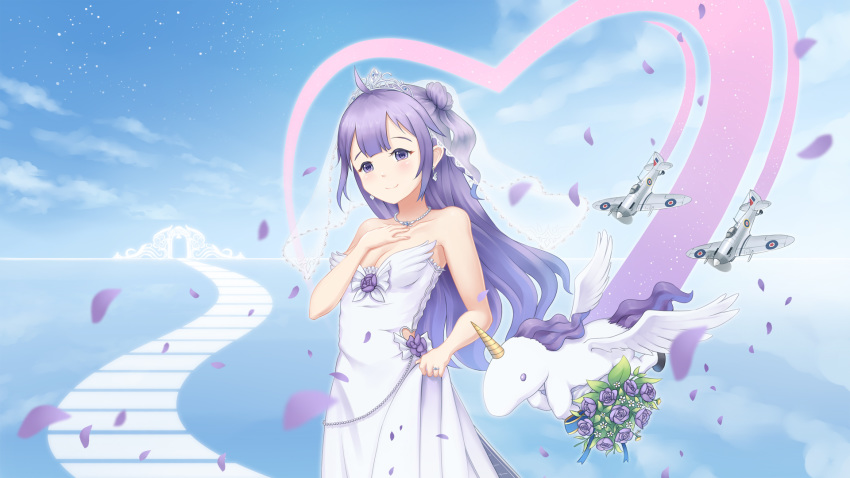 aircraft airplane alicorn animal azur_lane bare_arms bare_shoulders blue_sky blurry blush bouquet breasts bridal_veil cleavage closed_mouth cloud commentary day depth_of_field dress english_commentary fingernails flower flying hair_bun hand_on_own_chest hand_up head_tilt heart highres intelman jewelry long_hair medium_breasts necklace one_side_up outdoors petals purple_eyes purple_flower purple_hair purple_rose ring rose see-through side_bun sky smile solo strapless strapless_dress tiara unicorn_(azur_lane) veil very_long_hair wedding_band white_dress