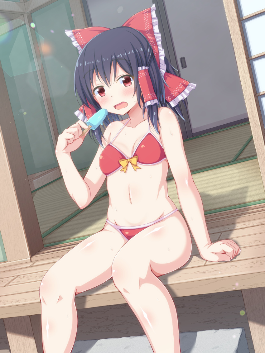 adapted_costume bangs bare_arms bare_legs bare_shoulders bikini black_hair blush bow breasts collarbone commentary_request day dutch_angle eating eyebrows_visible_through_hair feet_out_of_frame food frills front-tie_bikini front-tie_top hair_bow hair_tubes hakurei_reimu highres holding holding_food lens_flare medium_hair navel on_floor open_mouth outdoors ponytail popsicle red_bikini red_bow red_eyes shefu shiny shiny_hair sidelocks sitting small_breasts solo swimsuit tatami touhou wooden_floor yellow_bow