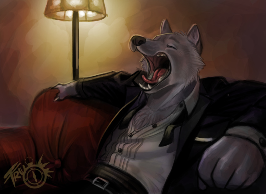 2012 5_fingers anthro belt black_nose canine claws clothed clothing fangs fur grey_fur half-closed_eyes mammal open_mouth sitting solo tongue trunorth tuft watermark wolf yawn