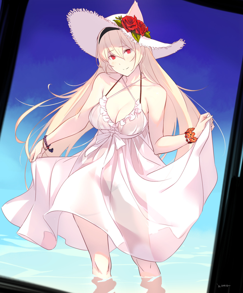 bikini bikini_under_clothes black_bikini breasts cleavage commentary_request criss-cross_halter day dress eyebrows_visible_through_hair falkyrie_no_monshou flower flower_bracelet hair_between_eyes hairband halterneck hat hat_flower highres kagetomo_midori large_breasts long_hair outdoors platinum_blonde_hair red_eyes see-through smile solo sun_hat swimsuit wading white_dress