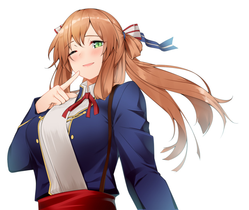 :d american_flag american_flag_print bangs blazer blush breasts brown_hair collared_shirt commentary eyebrows_visible_through_hair finger_to_face flag_print floating_hair girls_frontline gloves green_eyes hair_between_eyes hair_ribbon hair_rings highres jacket large_breasts long_hair long_sleeves looking_at_viewer m1903_springfield_(girls_frontline) one_eye_closed open_mouth red_neckwear ribbon sash shirt sidelocks simple_background smile solo tareme twintails upper_body warashi white_background white_shirt