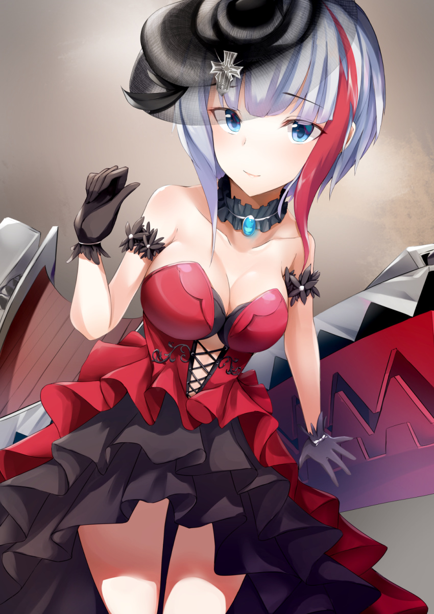 admiral_graf_spee_(azur_lane) alternate_breast_size alternate_costume arm_scrunchie azur_lane bad_hands bangs blue_eyes blush breasts choker cleavage closed_mouth commentary_request dress eyebrows_visible_through_hair flamenco gloves hand_up hat hayami_yoichi highres iron_cross large_breasts looking_at_viewer machinery multicolored_hair red_dress red_hair rigging sapphire_(stone) short_hair sidelocks silver_hair smile solo strapless strapless_dress streaked_hair thighs