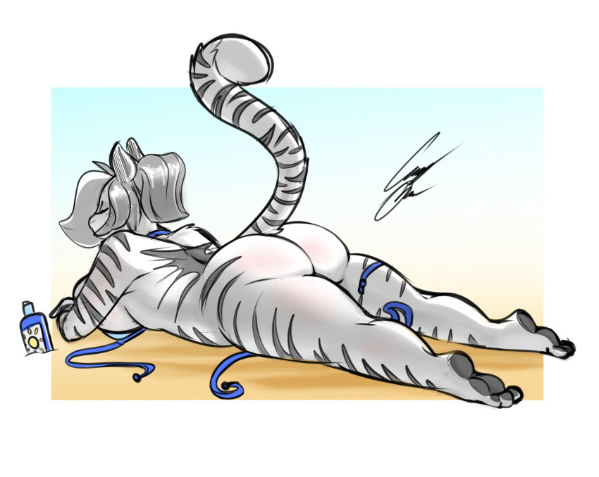 anthro bagelcollector beach big_butt bikini butt clothing eyes_closed feline female lying mammal on_front seaside slightly_chubby solo sunbathing sunscreen swimsuit thick_thighs tiger