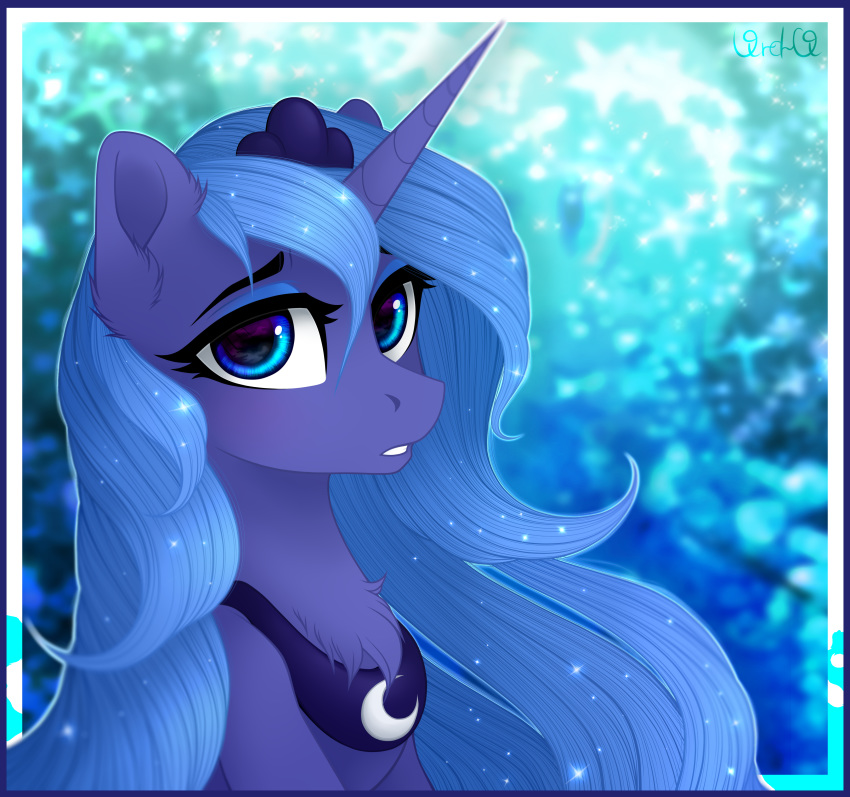 2018 abstract_background absurd_res blue_eyes blue_hair bust_portrait chest_tuft crown equine eyebrows eyelashes eyeshadow female feral friendship_is_magic fur hair hi_res long_hair looking_at_viewer makeup mammal mascara my_little_pony portrait princess_luna_(mlp) royalty solo sparkles teeth tuft vird-gi