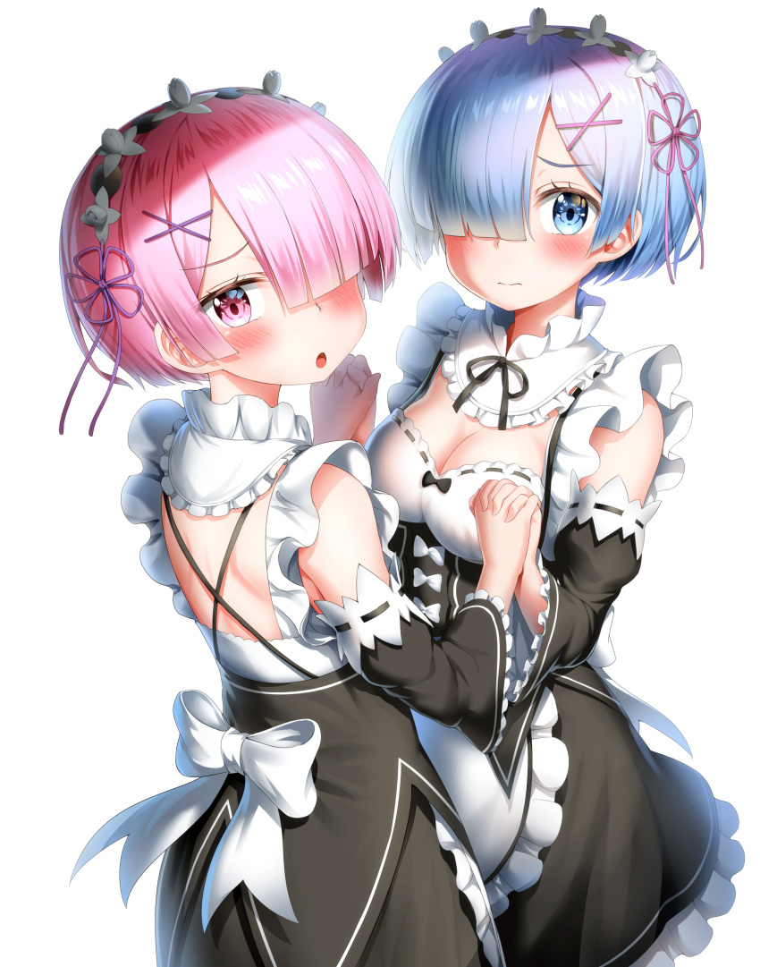 :o absurdres apron bangs black_dress blue_eyes blue_hair blush bow breasts cleavage closed_mouth commentary_request detached_sleeves dress eyebrows_visible_through_hair frilled_apron frilled_sleeves frills hair_ornament hair_over_one_eye hair_ribbon hairclip hands_up highres holding_hands interlocked_fingers long_sleeves looking_at_viewer looking_back maid medium_breasts multiple_girls nedia_(nedia_region) pink_hair pink_ribbon purple_eyes purple_ribbon ram_(re:zero) re:zero_kara_hajimeru_isekai_seikatsu rem_(re:zero) ribbon ribbon-trimmed_sleeves ribbon_trim siblings sisters sleeveless sleeveless_dress twins waist_apron wavy_mouth white_apron white_bow wide_sleeves x_hair_ornament