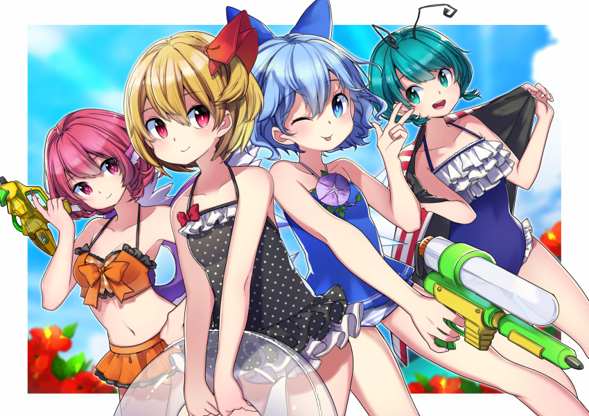 4girls :d ;p absurdres aqua_hair bangs bare_arms bare_shoulders bikini black_swimsuit blonde_hair blue_bow blue_eyes blue_hair blue_sky blush border bow breasts casual_one-piece_swimsuit cirno cleavage cloud collarbone commentary_request cowboy_shot day eyebrows_visible_through_hair fingernails flat_chest flower frilled_bikini frilled_swimsuit frills green_eyes gun hair_between_eyes hair_bow hair_ribbon halterneck hand_on_hip hand_up hands_up head_wings highres holding holding_gun holding_weapon ice ice_wings innertube leaf looking_at_another miniskirt multiple_girls mystia_lorelei nail_polish namauni navel no_hat no_headwear one-piece_swimsuit one_eye_closed open_mouth orange_bikini orange_bow orange_skirt outdoors outside_border pink_eyes pink_hair plaid plaid_bikini pleated_skirt polka_dot polka_dot_swimsuit purple_nails red_bow red_flower red_ribbon ribbon rumia sharp_fingernails short_hair skirt sky small_breasts smile standing stomach striped_towel swimsuit team_9 thighs tongue tongue_out touhou towel unmoving_pattern w water_gun weapon white_border wings wriggle_nightbug