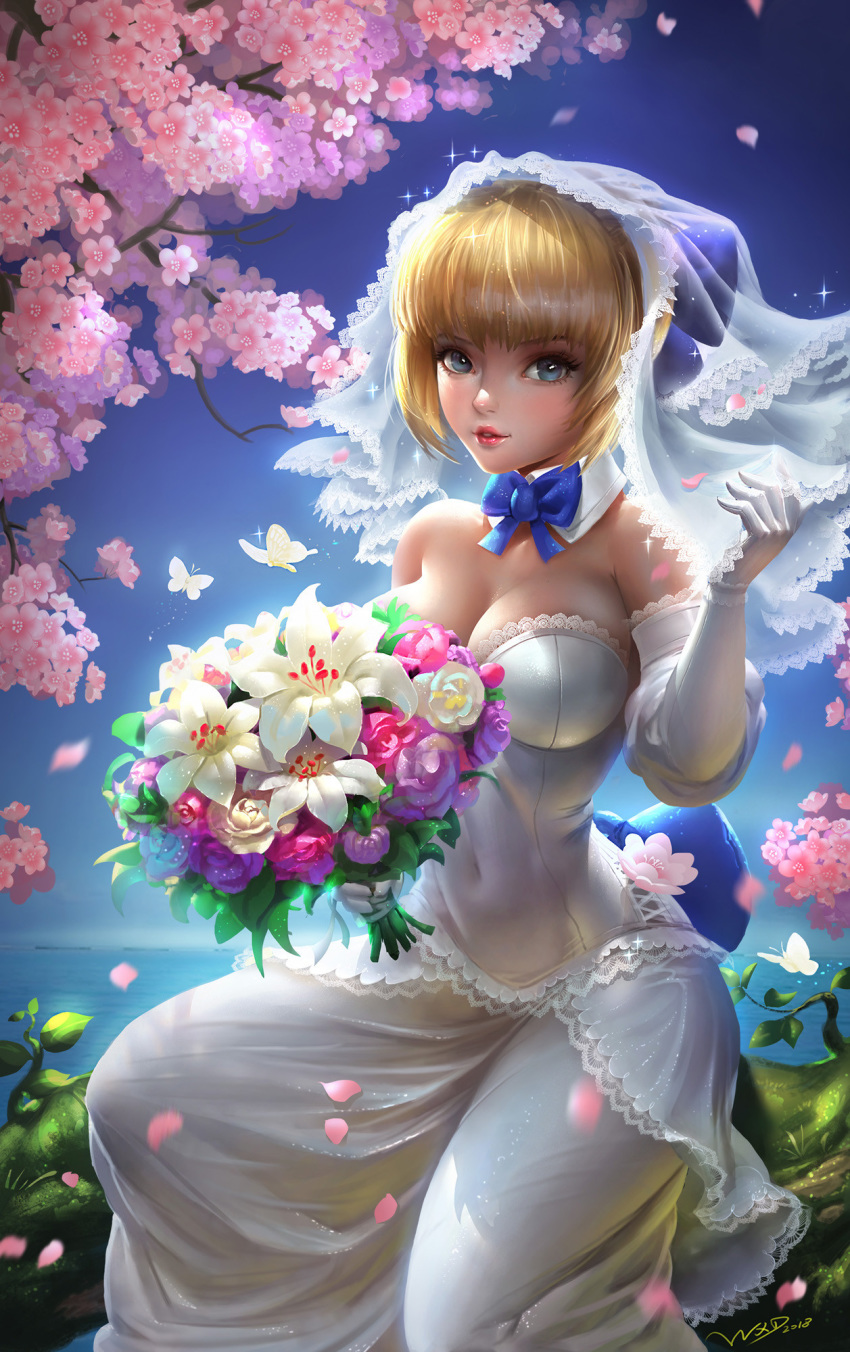 artist_name artoria_pendragon_(all) bare_shoulders blonde_hair blue_bow blue_eyes blue_ribbon blue_sky bouquet bow breasts bridal_veil bride bug butterfly cherry_blossoms cleavage covered_navel cowboy_shot day dress fate/stay_night fate_(series) flower gloves highres holding holding_bouquet insect lace lace-trimmed_dress long_hair looking_at_viewer medium_breasts nose ocean outdoors petals pink_lips plant ribbon rose saber signature sky solo strapless strapless_dress tree_branch veil wedding_dress white_dress white_flower white_gloves wu_xiandeng