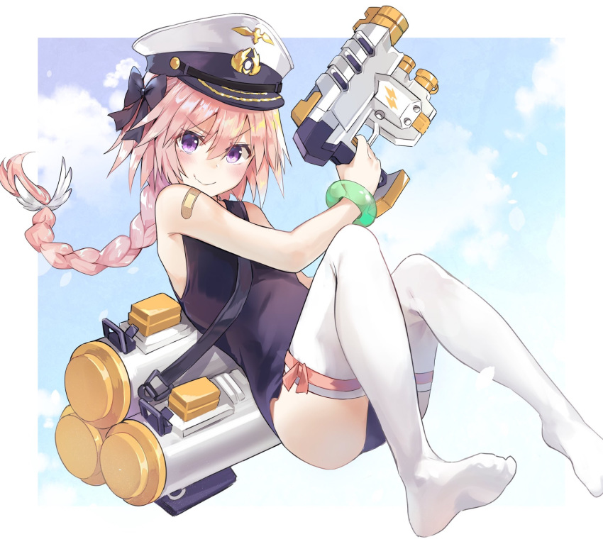 &gt;:) astolfo_(fate) bandaid bandaid_on_shoulder bangs bare_arms bare_shoulders black_bow black_swimsuit blue_sky blush bow bracelet braid closed_mouth cloud commentary_request eyebrows_visible_through_hair fang fate/apocrypha fate_(series) finger_on_trigger hair_between_eyes hair_bow hat highres holding holding_water_gun jewelry kusumoto_touka long_hair looking_at_viewer male_focus one-piece_swimsuit otoko_no_ko peaked_cap pink_hair pink_ribbon purple_eyes ribbon school_swimsuit shiny shiny_hair single_braid sky smile solo swimsuit thighhighs v-shaped_eyebrows water_gun white_hat white_legwear