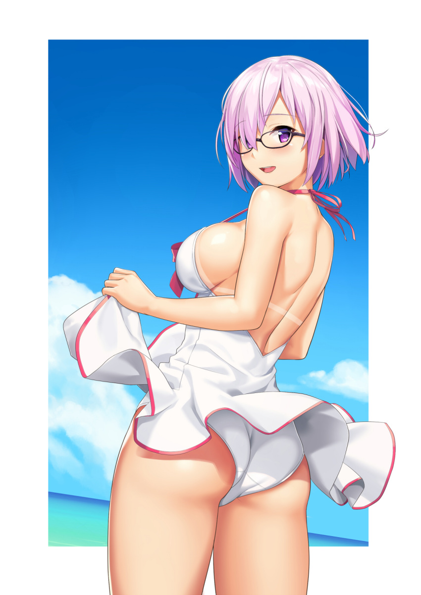 ass bikini blush breasts cloud day eyebrows_visible_through_hair fate/grand_order fate_(series) glasses hair_over_one_eye highres large_breasts looking_at_viewer looking_back mash_kyrielight ocean one-piece_swimsuit open_mouth purple_eyes purple_hair sawada_yuusuke short_hair side-tie_bikini sky smile solo swimsuit swimsuit_lift swimsuit_of_perpetual_summer tan tanline white_swimsuit