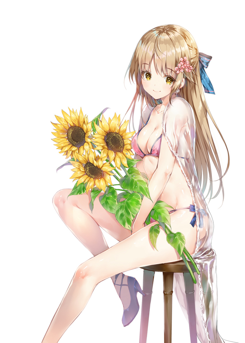 bangs bikini blonde_hair blue_flower blue_footwear blue_rose breasts cleavage closed_mouth commentary_request eyebrows_visible_through_hair flower hair_flower hair_ornament hair_ribbon half_updo high_heels highres holding holding_flower leg_up long_hair looking_at_viewer medium_breasts miwabe_sakura original pink_bikini pink_flower ribbon rose see-through shiny shiny_hair side-tie_bikini side-tie_bottom simple_background sitting smile solo stool sunflower swimsuit white_background yellow_eyes