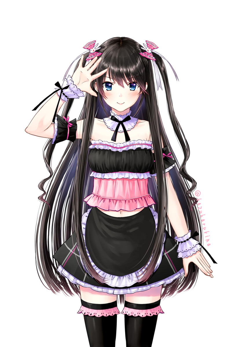 apron arm_up bare_shoulders black_apron black_hair black_legwear black_skirt blue_eyes blush bow breasts bunny_hair_ornament collarbone commentary_request cowboy_shot crop_top denpa_(kazuharu) detached_collar detached_sleeves frilled_apron frills hair_bow hair_ornament highres kazuharu_kina long_hair medium_breasts navel original palms pink_bow pink_frills ribbon_trim short_sleeves sidelocks simple_background skirt solo straight_hair thighhighs twitter_username two_side_up very_long_hair virtual_youtuber waist_apron white_background white_frills zettai_ryouiki