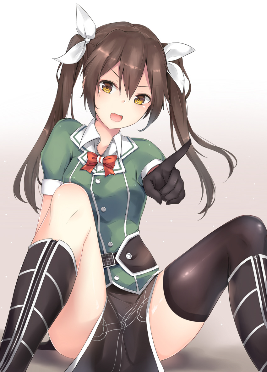 :d arm_behind_back arm_support asymmetrical_legwear bangs blush boots bow bowtie breasts brown_eyes brown_hair buttons collared_shirt commentary double_vertical_stripe elbow_gloves eyebrows_visible_through_hair fang gloves hair_between_eyes hair_ribbon head_tilt highres jacket jenson_tw kantai_collection knee_boots light_particles long_hair looking_at_viewer medium_breasts open_mouth pelvic_curtain pointing pointing_at_viewer remodel_(kantai_collection) ribbon shiny shiny_skin shirt short_sleeves side_slit sidelocks single_elbow_glove single_thighhigh sitting skirt smile solo thighhighs thighs tone_(kantai_collection) twintails white_ribbon