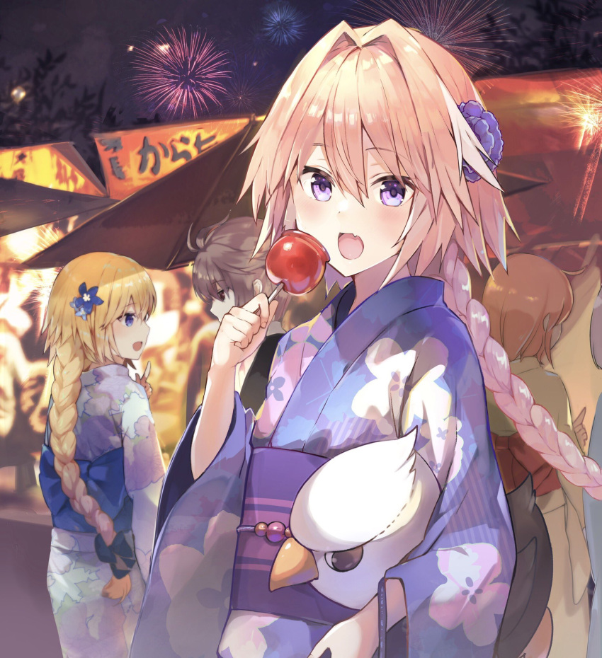 3girls astolfo_(fate) bangs black_bow black_eyes blonde_hair blue_eyes blue_flower blue_kimono blush bow braid brown_hair candy_apple eyebrows_visible_through_hair fang fate/apocrypha fate_(series) festival fireworks floating_hair floral_print flower food hair_between_eyes hair_bow hair_flower hair_intakes hair_ornament highres holding holding_food holding_stuffed_animal index_finger_raised japanese_clothes jeanne_d'arc_(fate) jeanne_d'arc_(fate)_(all) kimono kusumoto_touka long_hair long_sleeves looking_at_viewer multicolored_hair multiple_boys multiple_girls night night_sky obi open_mouth orange_hair otoko_no_ko outdoors pink_hair purple_eyes sash shiny shiny_hair sidelocks sieg_(fate/apocrypha) single_braid sky smile stand standing streaked_hair stuffed_animal stuffed_toy summer_festival tree wide_sleeves yukata