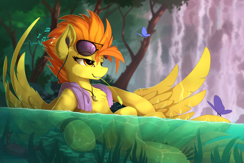 2017 anthro arthropod butterfly crab crustacean detailed_background equine eyewear feathered_wings feathers female feral friendship_is_magic fur hair hi_res hooves insect mammal marine my_little_pony orange_hair outside partially_submerged pegasus semi-anthro solo spitfire_(mlp) sunglasses tree wings wonderbolts_(mlp) yakovlev-vad