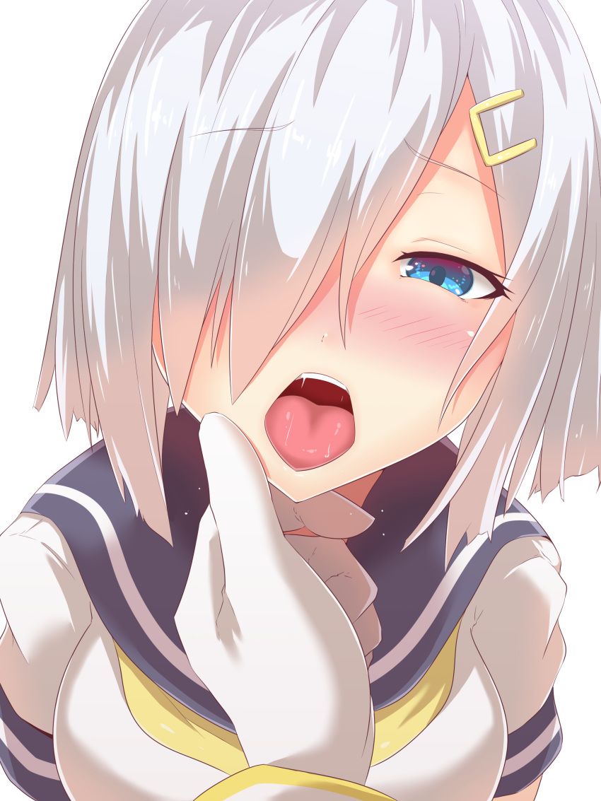 absurdres blue_eyes blush breasts chin_grab commentary_request eyebrows_visible_through_hair eyes_visible_through_hair hair_ornament hair_over_one_eye hairclip hamakaze_(kantai_collection) hand_on_another's_chin highres kantai_collection large_breasts looking_at_viewer open_mouth out_of_frame pov pov_hands school_uniform serafuku short_hair short_sleeves silver_hair solo_focus twinameless yellow_neckwear