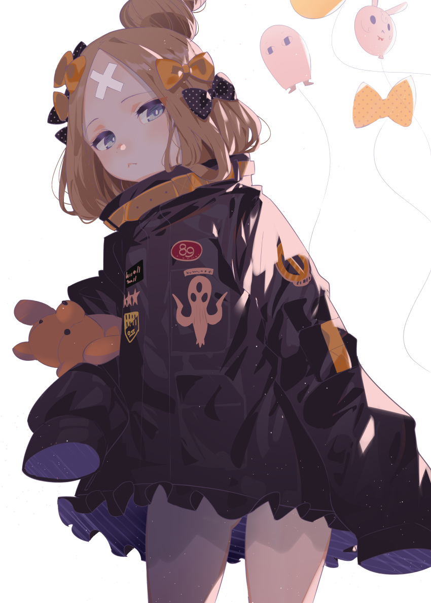 abigail_williams_(fate/grand_order) absurdres arutera bangs banned_artist black_bow black_jacket blonde_hair blue_eyes bow closed_mouth commentary_request cowboy_shot crossed_bandaids fate/grand_order fate_(series) frilled_skirt frills hair_bow hair_bun heroic_spirit_traveling_outfit highres holding holding_stuffed_animal jacket legs_apart long_sleeves looking_at_viewer medjed orange_bow parted_bangs polka_dot polka_dot_bow simple_background skirt sleeves_past_wrists solo standing stuffed_animal stuffed_toy teddy_bear white_background