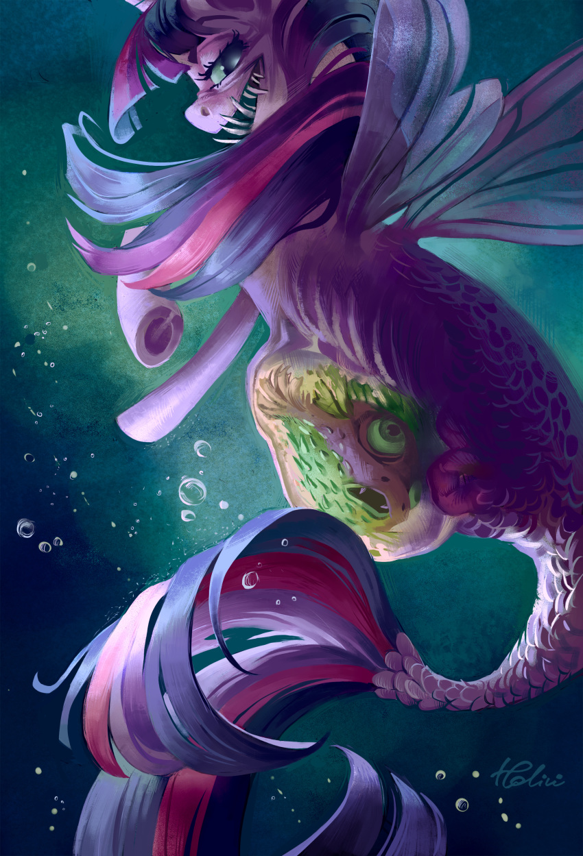 2018 absurd_res alternate_species ambiguous_gender ambiguous_prey bubble duo female female_pred fish friendship_is_magic hi_res holivi hooves marine my_little_pony my_little_pony_the_movie pufferfish sea_pony sharp_teeth spike_(mlp) teeth twilight_sparkle_(mlp) underwater vore water