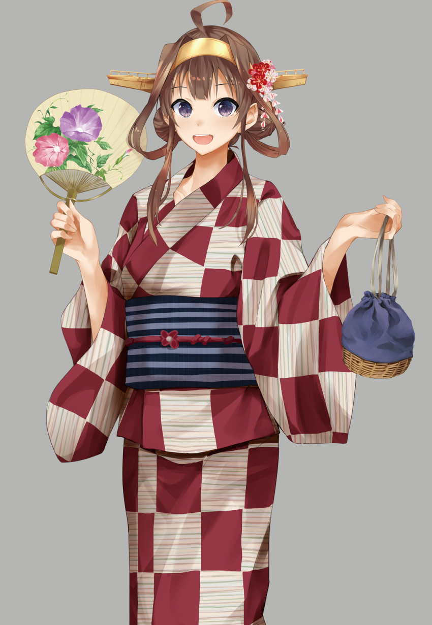 :d alternate_costume bag bangs blush breasts brown_hair eyebrows_visible_through_hair fan flower grey_background hair_flower hair_ornament highres holding holding_bag holding_fan japanese_clothes kantai_collection kanzashi kimono kinchaku kongou_(kantai_collection) konkito long_hair long_sleeves looking_at_viewer obi open_mouth paper_fan pouch purple_eyes sash sidelocks simple_background smile solo uchiwa upper_teeth wide_sleeves yukata