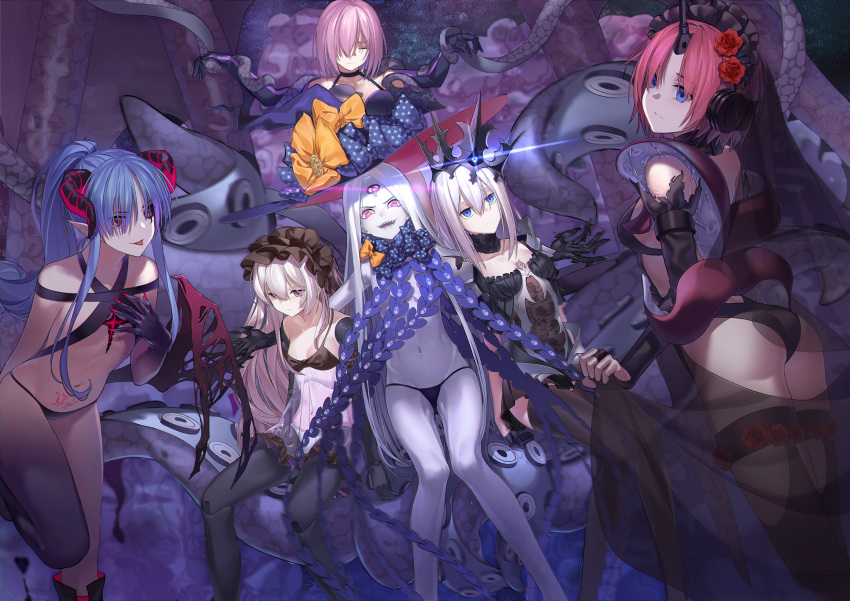 :d abigail_williams_(fate/grand_order) ass bangs bare_shoulders black_bow black_gloves black_hat black_legwear black_panties blue_eyes bow breasts caster_lily closed_eyes closed_mouth commentary_request crown curled_horns dark_persona demon_girl demon_horns demon_wings doll_joints dutch_angle elbow_gloves fate/apocrypha fate/extra fate/grand_order fate/stay_night fate_(series) fingerless_gloves fingernails flower frankenstein's_monster_(fate) ghost gloves glowing hair_flower hair_ornament hair_over_one_eye hat hat_bow highres horns long_hair marie_antoinette_(fate/grand_order) mash_kyrielight multiple_girls nail_polish navel nursery_rhyme_(fate/extra) open_mouth orange_bow pale_skin panties pantyhose parted_bangs pink_hair polka_dot polka_dot_bow purple_eyes qiongsheng red_flower red_nails red_rose red_wings revealing_clothes rose see-through sharp_fingernails sharp_teeth silver_hair sitting skull_print small_breasts smile standing standing_on_one_leg suction_cups teeth tentacles topless torn_wings underwear underwear_only very_long_hair white_panties wings witch_hat