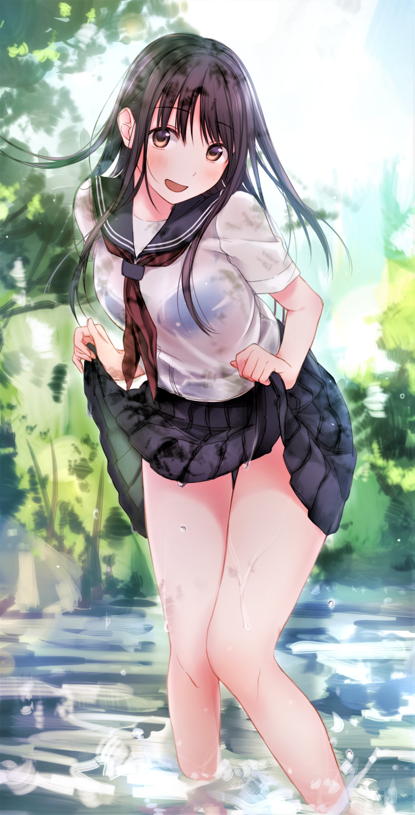 :d bangs black_bra black_sailor_collar black_skirt blush bra bra_through_clothes breasts brown_eyes brown_hair commentary_request day eyebrows_visible_through_hair hair_between_eyes head_tilt highres kirisawa_saki leaning_forward long_hair looking_at_viewer medium_breasts neckerchief open_mouth original outdoors pleated_skirt red_neckwear sailor_collar school_uniform see-through serafuku shirt short_sleeves skirt skirt_hold smile solo standing underwear very_long_hair wading water wet wet_clothes wet_shirt wet_skirt white_shirt