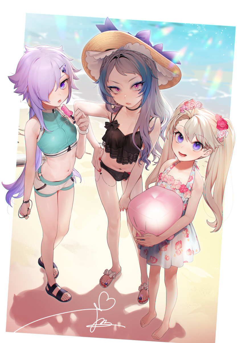 2girls :d absurdres bare_legs barefoot beach bikini black_bikini blonde_hair bracelet breasts bulge day dress floral_print flower food full_body hair_flower hair_ornament hair_over_one_eye hairclip hand_on_hip hat herme_(ohisashiburi) highres jewelry long_hair long_legs looking_at_viewer multiple_girls nail_polish ocean ohisashiburi open_mouth original otoko_no_ko outside_border parted_lips pink_eyes popsicle print_dress purple_eyes purple_hair purple_hair_girl_(ohisashiburi) red_nails sandals shadow shorts small_breasts smile standing sun_hat sundress swimsuit tankini tareme toenail_polish tongue tongue_out tsurime twintails two-tone_hair_girl_(ohisashiburi) very_long_hair