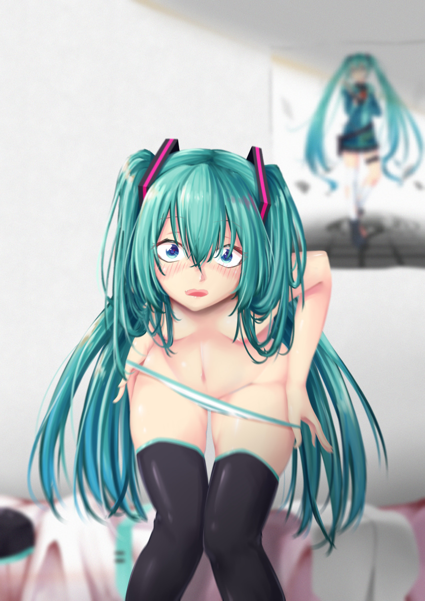 absurdres bad_perspective blue_eyes blue_hair blurry blurry_background blush depth_of_field hatsune_miku highres leaning_forward long_hair panties panty_pull poster_(object) solo twintails uc-sama underwear very_long_hair vocaloid