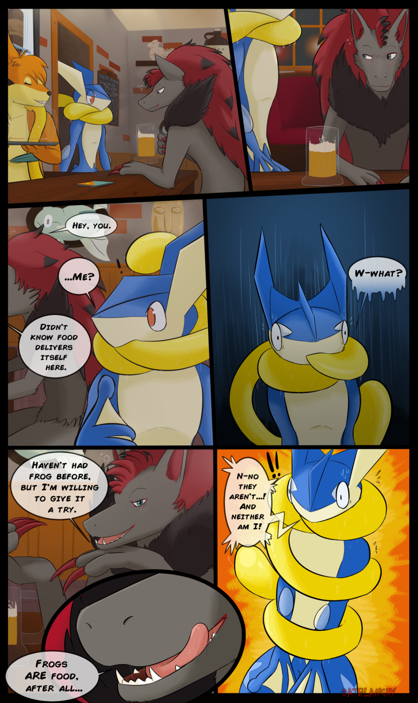 comic datblangry dialogue english_text feral floatzel greninja imminent_vore invalid_tag male male_pred nintendo pok&eacute;mon pok&eacute;mon_(species) text video_games vore zoroark