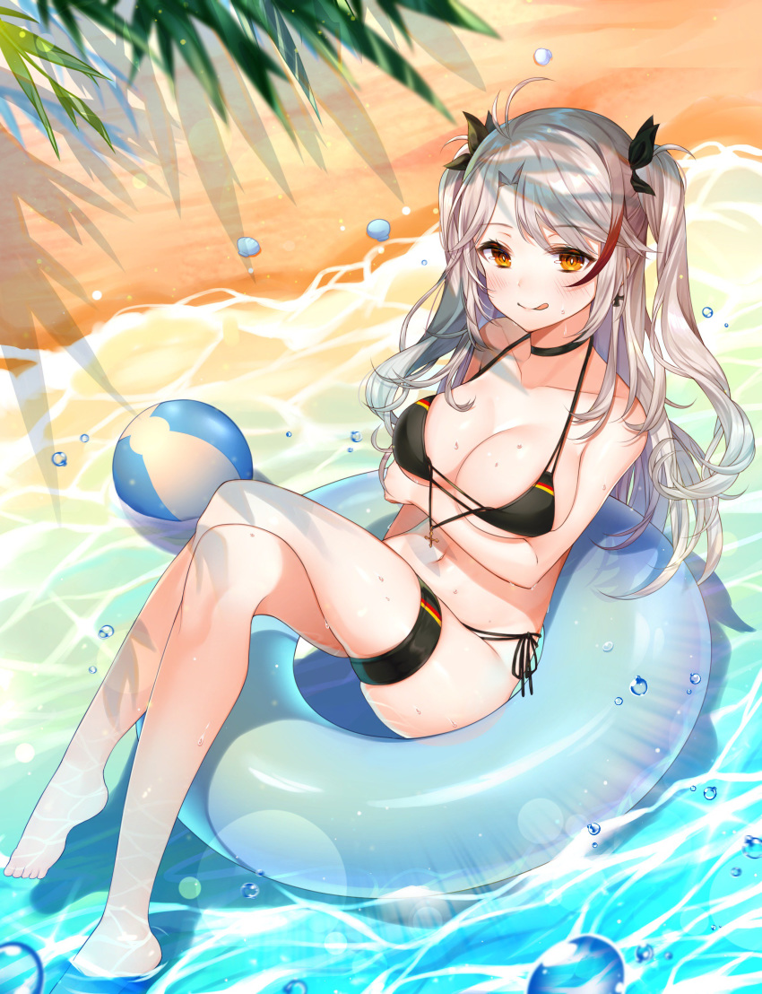 :q absurdres afloat antenna_hair arm_under_breasts azur_lane ball bangs bare_arms bare_shoulders beach beachball bikini black_bikini black_choker black_ribbon blush breast_hold breasts brown_eyes choker cleavage collarbone commentary_request day eyebrows_visible_through_hair flag_print german_flag_bikini hair_between_eyes hair_ribbon halter_top halterneck highres innertube large_breasts long_hair looking_at_viewer multicolored_hair navel ocean outdoors palm_tree prinz_eugen_(azur_lane) red_hair reel37891 ribbon sand shadow shell sidelocks silver_hair smile soaking_feet solo stomach streaked_hair swept_bangs swimsuit thigh_strap thighs tongue tongue_out tree two_side_up very_long_hair water wet