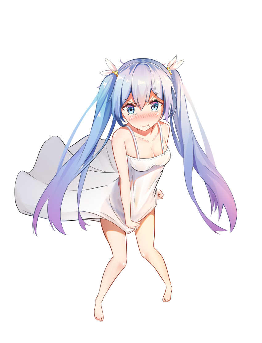 :t bangs bare_arms bare_legs bare_shoulders barefoot black_panties blue_eyes blue_hair blush breasts cleavage closed_mouth collarbone covering covering_crotch dress dress_tug eyebrows_visible_through_hair hair_between_eyes hair_ribbon hatsune_miku highres long_hair medium_breasts mobu_(wddtfy61) nose_blush panties pout ribbon see-through sleeveless sleeveless_dress solo standing twintails underwear very_long_hair vocaloid wavy_mouth white_background white_dress white_ribbon