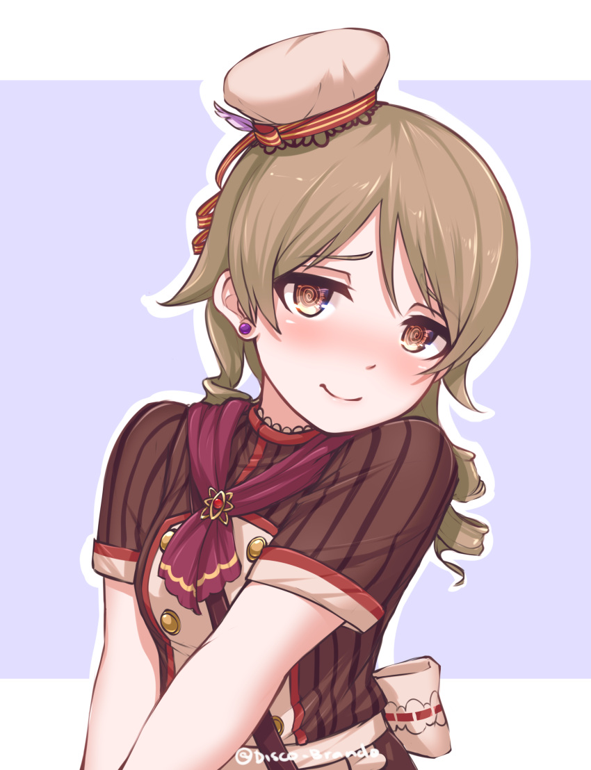 absurdres al_bhed_eyes artist_name blush brown_eyes commentary disco_brando drill_hair earrings english_commentary eyebrows_visible_through_hair hat highres idolmaster idolmaster_cinderella_girls jewelry light_brown_hair long_hair looking_at_viewer morikubo_nono nose_blush outline ringlets short_sleeves simple_background smile solo twitter_username upper_body white_outline