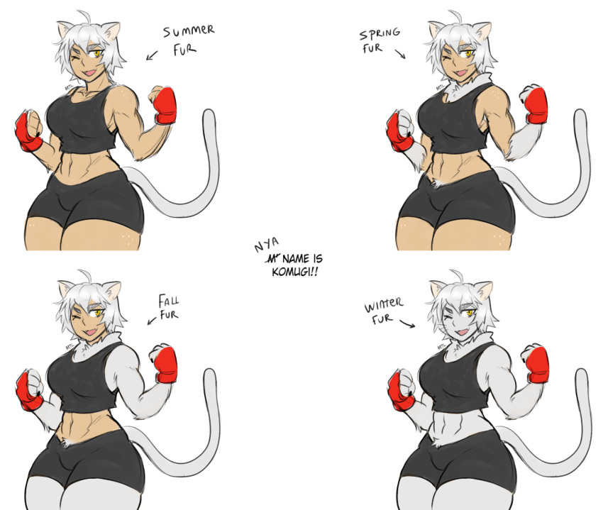 2018 animal_humanoid big_breasts big_thighs breasts cat_ears_(disambiguation) cat_humanoid cat_tail clothed clothing digital_media_(artwork) feline female hair hi_res huge_breasts humanoid komugi_(metalling) legwear mammal metalling model_sheet monster_girl_(genre) muscular muscular_female pinup pose simple_background solo thick_thighs thigh_highs wide_hips