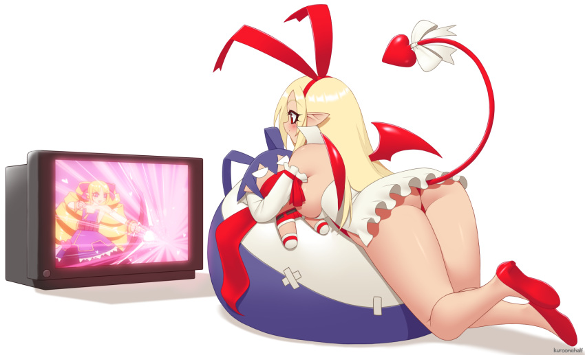 archer_(disgaea) artist_name ass bean_bag blonde_hair character_doll commentary demon_tail disgaea flonne flonne_(fallen_angel) hairband highres kuroonehalf laharl long_hair makai_senki_disgaea pointy_ears red_eyes red_hairband ribbon simple_background smile solo tail tail_ribbon television thighs watching_television white_background white_ribbon wings