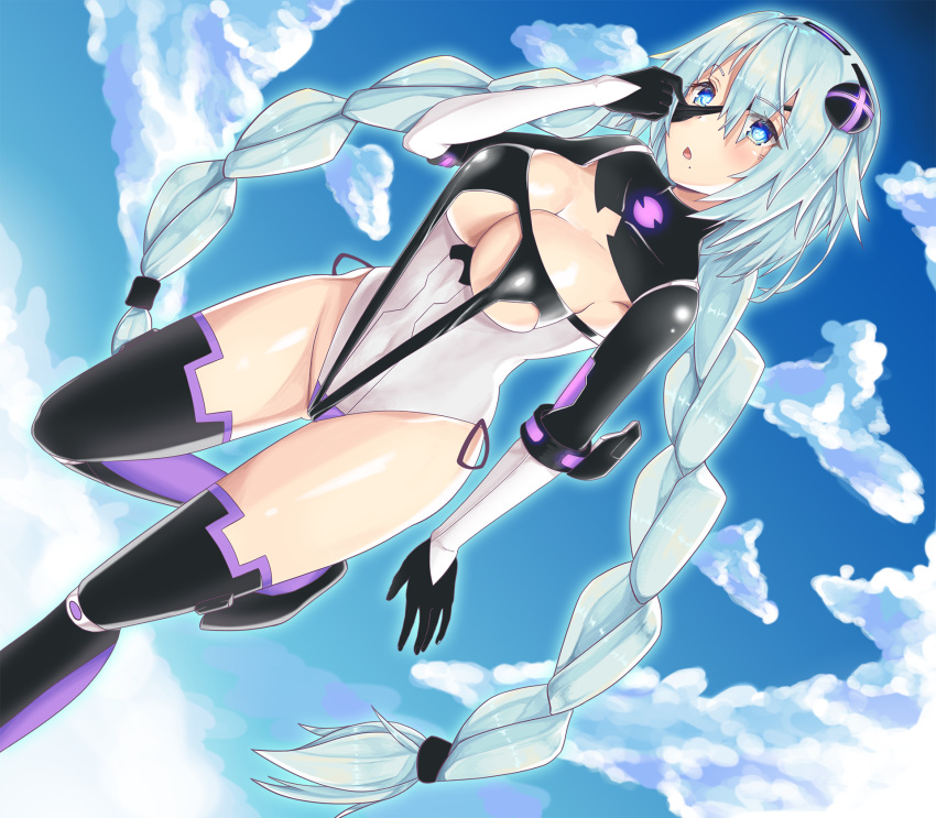 black_eyepatch black_hairband blue_eyes blue_sky blush braid breasts cleavage cleavage_cutout cloud cloudy_sky commentary covered_navel d-pad d-pad_hair_ornament day english_commentary eyepatch eyepatch_lift floating fusion hair_between_eyes hair_ornament hairband highres kaptivate leotard long_hair looking_at_viewer medium_breasts mole mole_under_mouth neptune_(series) nier_(series) nier_automata power_symbol purple_heart silver_hair skin_tight sky solo symbol-shaped_pupils thighhighs twin_braids twintails very_long_hair yorha_no._2_type_b