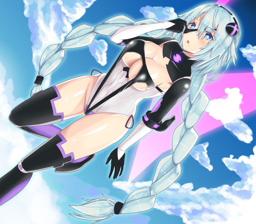 black_eyepatch black_hairband blue_eyes blue_sky blush braid breasts cleavage cleavage_cutout cloud cloudy_sky covered_navel d-pad d-pad_hair_ornament day eyepatch eyepatch_lift flying fusion hair_between_eyes hair_ornament hairband highres kaptivate leotard long_hair looking_at_viewer medium_breasts mole mole_under_mouth neptune_(series) nier_(series) nier_automata power_symbol purple_heart silver_hair skin_tight sky solo symbol-shaped_pupils thighhighs twin_braids twintails very_long_hair wings yorha_no._2_type_b