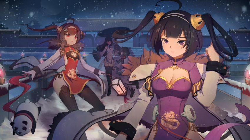 4girls absurdres ahoge anchor_hair_ornament azur_lane bangs black_hair black_legwear blunt_bangs blush breasts brown_hair china_dress chinese_clothes cleavage cleavage_cutout closed_mouth detached_sleeves dress eyebrows_visible_through_hair eyes_closed flower fur-trimmed_jacket fur_trim hair_between_eyes hair_flower hair_ornament hair_rings hairband hairclip hairpods hand_up highres holding holding_umbrella huge_filesize jacket long_hair long_sleeves looking_at_another looking_at_viewer medium_breasts moonofmonster multiple_girls ning_hai_(azur_lane) open_mouth outdoors panda pelvic_curtain ping_hai_(azur_lane) purple_dress purple_eyes red_dress red_eyes short_hair slit_pupils small_breasts smile tai_yuan_(azur_lane) thighhighs twintails umbrella white_dress white_hairband white_jacket wide_sleeves yat_sen_(azur_lane)