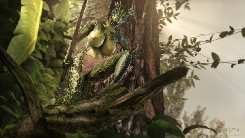 16:9 2018 3d_(artwork) 5_fingers 5_toes against_tree anthro argonian bizzyniz blue_eyes blue_markings branch breasts clothing detailed detailed_background digital_media_(artwork) eye_markings facial_markings feet female forest green_scales hi_res horn humanoid_feet humanoid_hands kneeling loincloth looking_at_viewer looking_down low-angle_view markings melee_weapon nipples on_branch orange_sky outside perspective pink_areola polearm pose reptile scales scalie signature skyrim slit_pupils solo source_filmmaker spear standing sunlight the_elder_scrolls toes tree tribal tribal_clothing tribal_markings url video_games vines wallpaper watermark weapon