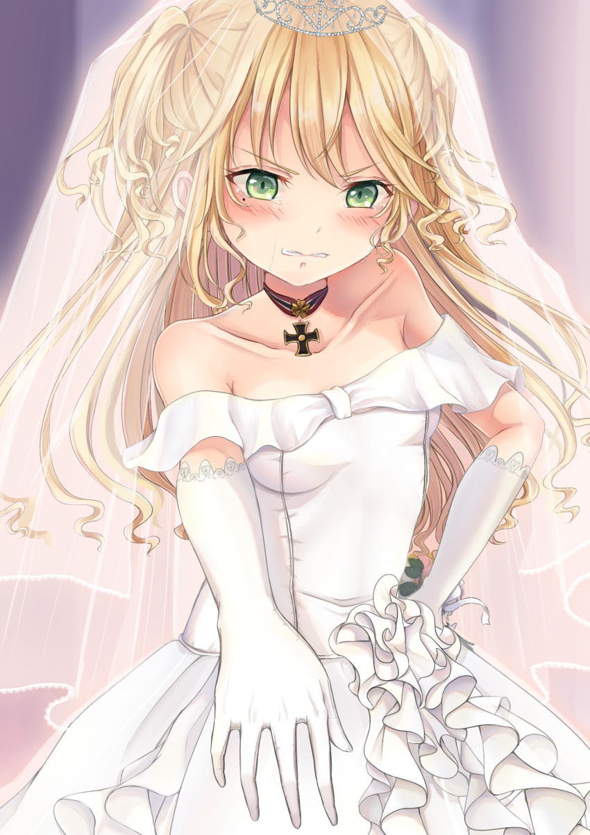 admiral_hipper_(azur_lane) ahoge alternate_costume alternate_hairstyle azur_lane bangs bare_shoulders blonde_hair blush breasts bridal_veil choker collarbone commentary_request cowboy_shot dress elbow_gloves eyebrows_visible_through_hair gloves green_eyes hair_between_eyes hand_on_hip headgear highres iron_cross leaning_forward lllconfidential long_hair looking_at_viewer medium_breasts mole mole_under_eye parted_lips solo tearing_up tiara two_side_up veil wavy_hair wedding wedding_dress white_dress white_gloves