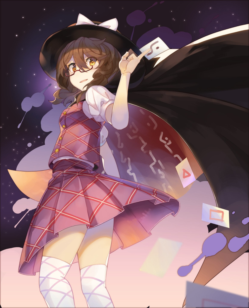 black_cape black_hat bow breasts brown_hair cape card card_between_fingers commentary_request eyebrows_visible_through_hair fedora feet_out_of_frame from_below hair_between_eyes hat hat_bow high_collar highres holding holding_card looking_at_viewer low_twintails open_mouth pleated_skirt puffy_short_sleeves puffy_sleeves purple_skirt purple_vest rin_falcon shirt short_hair short_sleeves skirt small_breasts smile solo standing star_(sky) thighhighs thighs touhou twintails usami_sumireko vest white_bow white_legwear white_shirt yellow_eyes