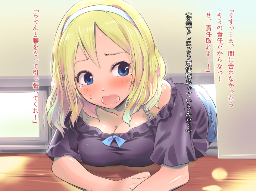 blonde_hair blue_eyes blush breasts cleavage commentary hairband ishii_(isuwie) large_breasts open_mouth original solo stuck sweatdrop tears through_wall translated