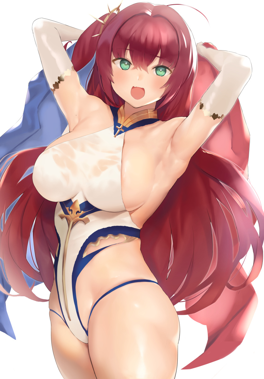 absurdres ahoge armpits arms_behind_head arms_up azur_lane bangs blush breasts collarbone commentary_request elbow_gloves fang gloves green_eyes hair_between_eyes hair_ornament halterneck highres hips large_breasts long_hair looking_at_viewer nekoshoko one-piece_swimsuit open_mouth red_hair sideboob simple_background smile solo surcouf_(azur_lane) swimsuit very_long_hair white_background white_gloves white_swimsuit