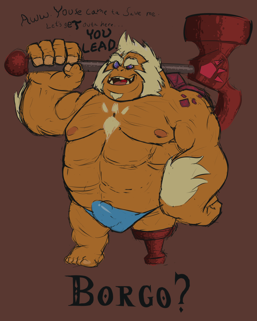 bulge clothing erection erection_under_clothes facial_hair goatee goron hammer male meaninglez nintendo nipples not_furry pecs solo the_legend_of_zelda tools underwear video_games