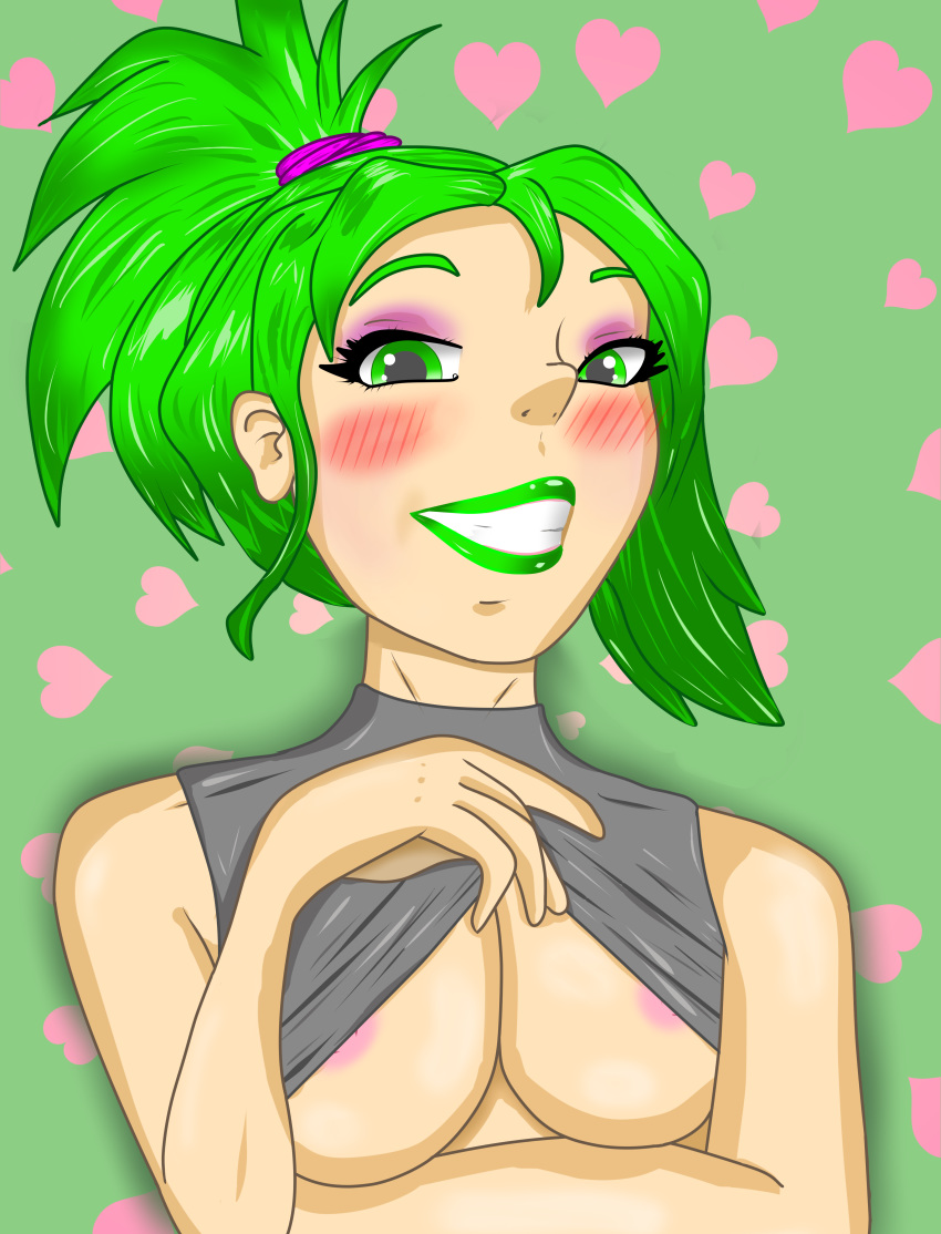 breasts clothed clothing digital_media_(artwork) ehrin evilthabad female greenhair not_furry simple_background smile solo