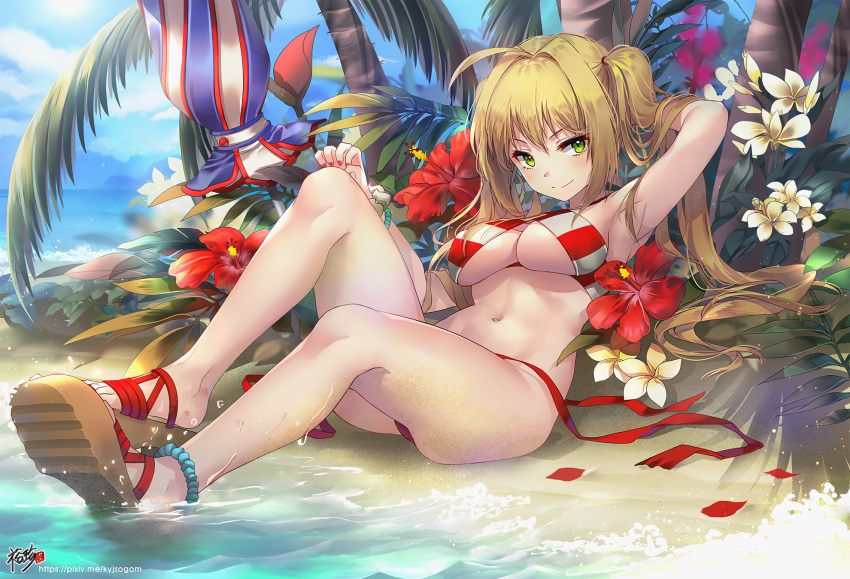 ahoge anklet armpits artist_name ass bangs beach bikini blonde_hair blush bracelet breasts closed_mouth day eyebrows_visible_through_hair fate/grand_order fate_(series) flower green_eyes hair_intakes hand_behind_head highres jewelry kyjsogom leaning_back long_hair looking_at_viewer nail_polish navel nero_claudius_(fate)_(all) nero_claudius_(swimsuit_caster)_(fate) ocean sand sandals sitting smile solo stomach striped striped_bikini sunlight swimsuit thighs tree twintails umbrella underboob