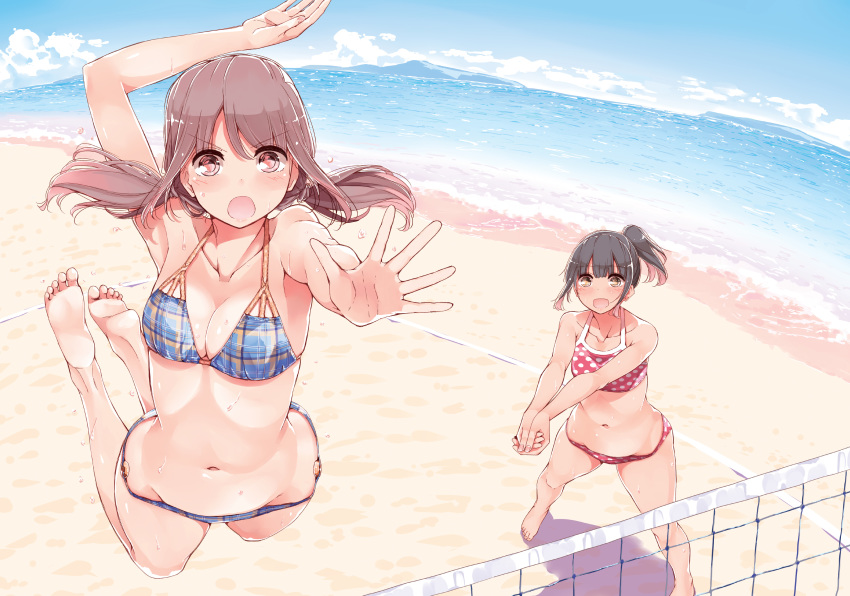 absurdres barefoot beach beach_volleyball bikini black_hair breasts brown_eyes brown_hair cleavage day harukana_receive higa_kanata highres horizon jumping low_twintails medium_breasts multiple_girls navel nyoijizai ocean official_art oozora_haruka_(harukana_receive) open_mouth plaid plaid_bikini polka_dot polka_dot_bikini ponytail sand soles swimsuit twintails volleyball_net