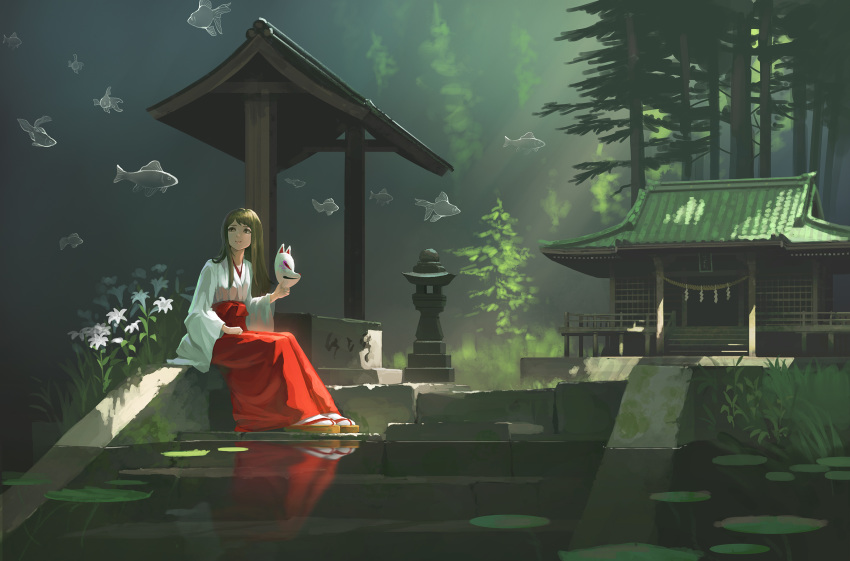 architecture box brown_eyes brown_hair closed_mouth commentary donation_box doora_(dora0913) east_asian_architecture fish flower forest fox_mask geta hakama hakama_skirt highres holding holding_mask huge_filesize japanese_clothes kimono lily_pad long_hair mask miko nature obi original outdoors red_hakama reflection sash scenery shinto shrine sitting smile stairs surreal tabi temple torii tree water wide_sleeves yukata