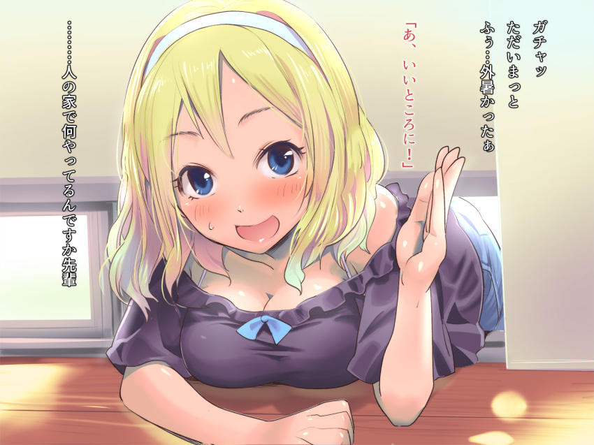 blonde_hair blue_eyes breasts cleavage commentary hairband ishii_(isuwie) large_breasts looking_at_viewer open_mouth original smile solo stuck through_wall translated