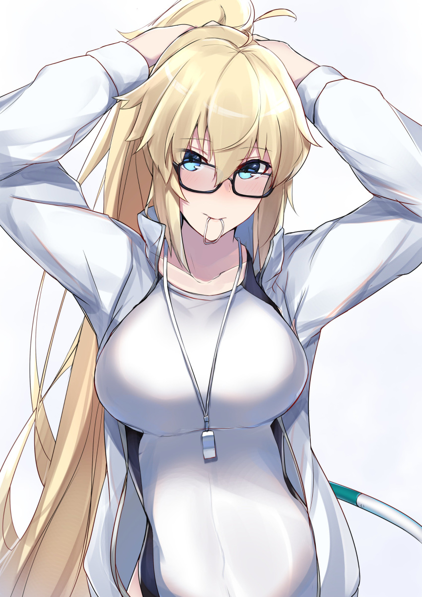 absurdres arms_up bangs black-framed_eyewear blonde_hair blue_eyes blush breasts closed_mouth collarbone commentary_request competition_swimsuit fate/grand_order fate_(series) hair_between_eyes highres hoop hula_hoop jacket jeanne_d'arc_(fate)_(all) jeanne_d'arc_(swimsuit_archer) large_breasts long_hair looking_at_viewer nanakaku one-piece_swimsuit open_clothes open_jacket ponytail simple_background smile solo swimsuit tying_hair very_long_hair whistle white_background white_jacket white_swimsuit
